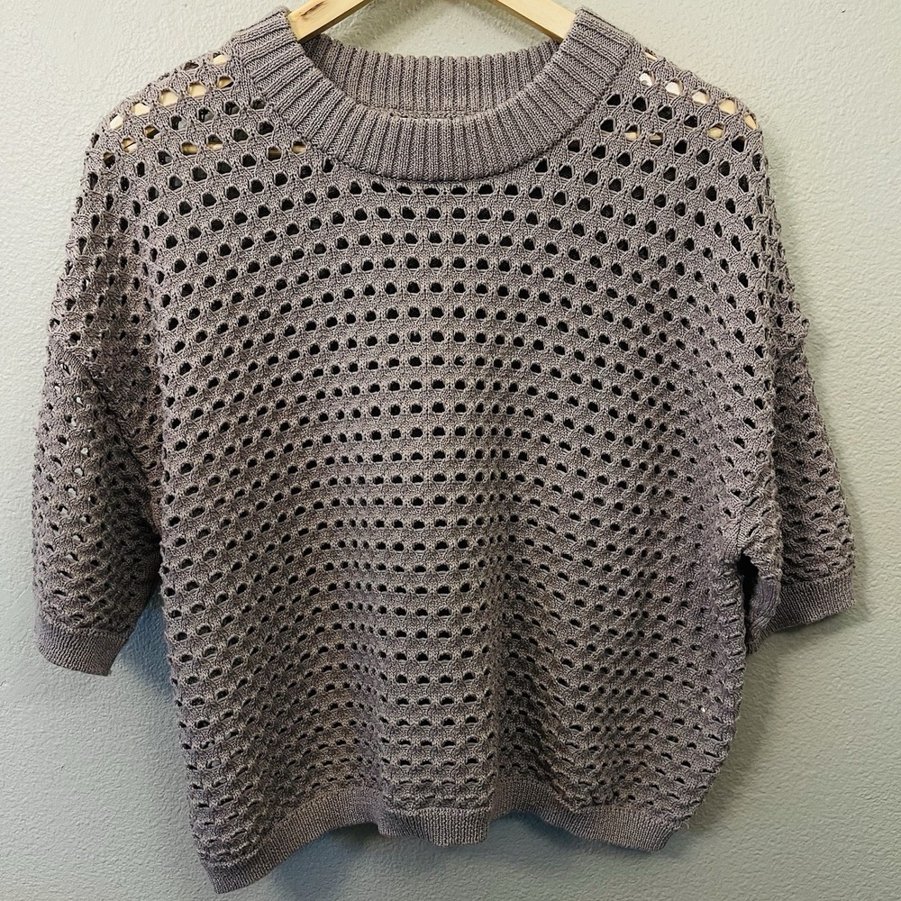 DR2 Open Knit Cropped Sweater Short Sleeve Beige Brown Resort Boho Cruise Size L